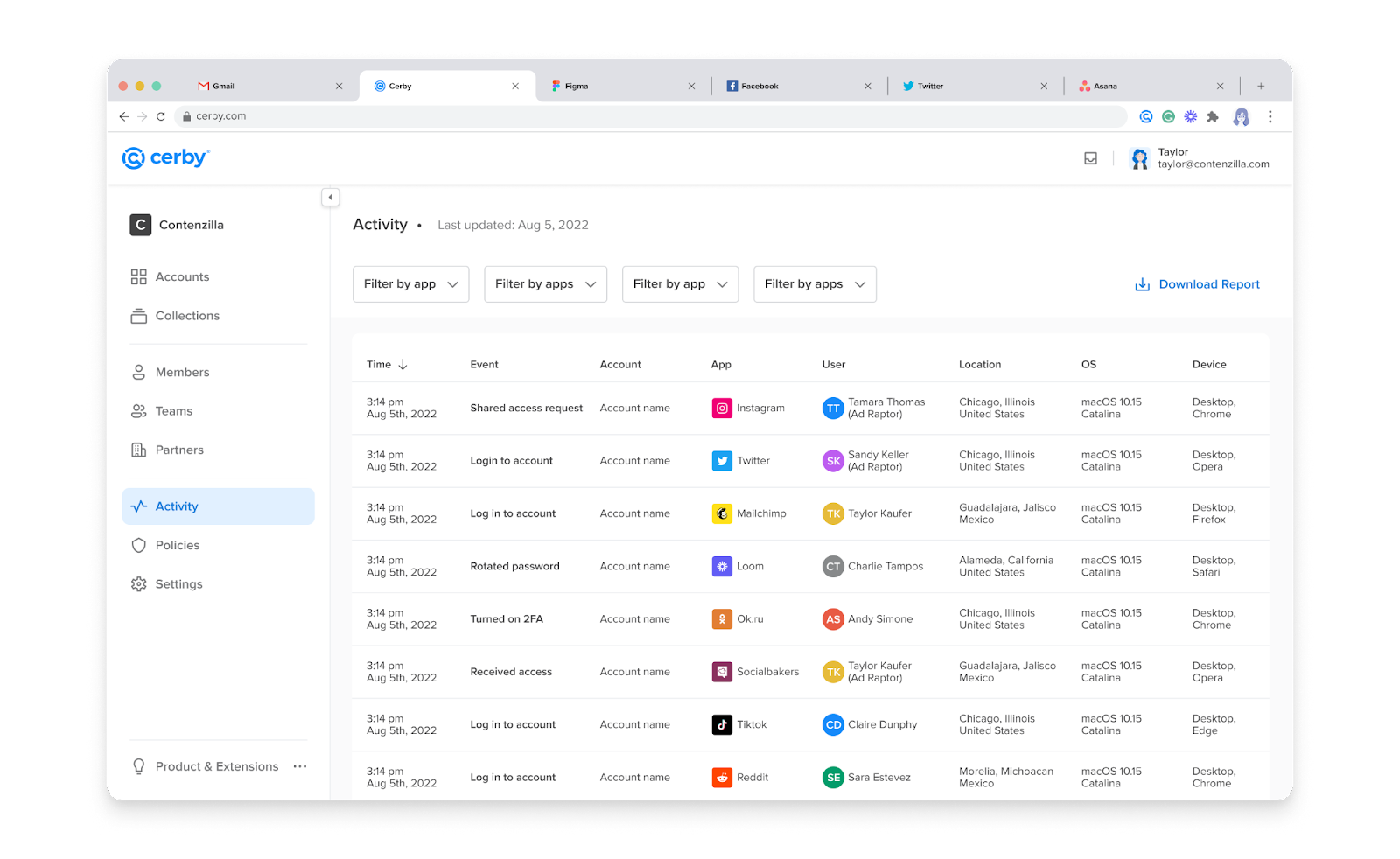 Screenshot of the Cerby web app dashboard. The Activity page is displayed with a table of events