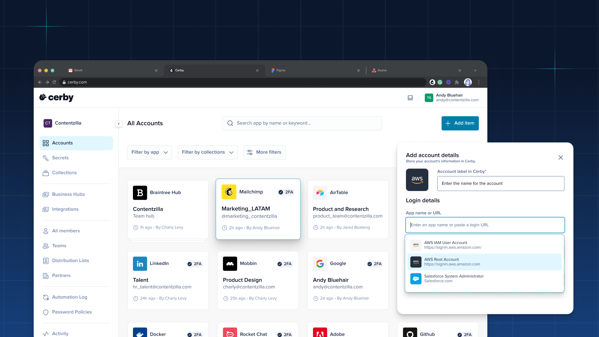 The Cerby web app showing the All Accounts page with the Add account details dialog open.