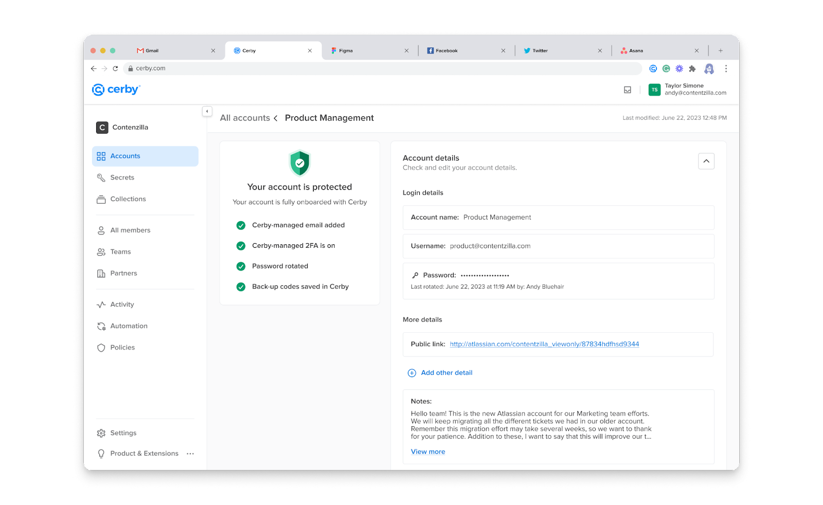 Screenshot of the account details page, where you can manage your account and add custom fields to save specific and categorized information.