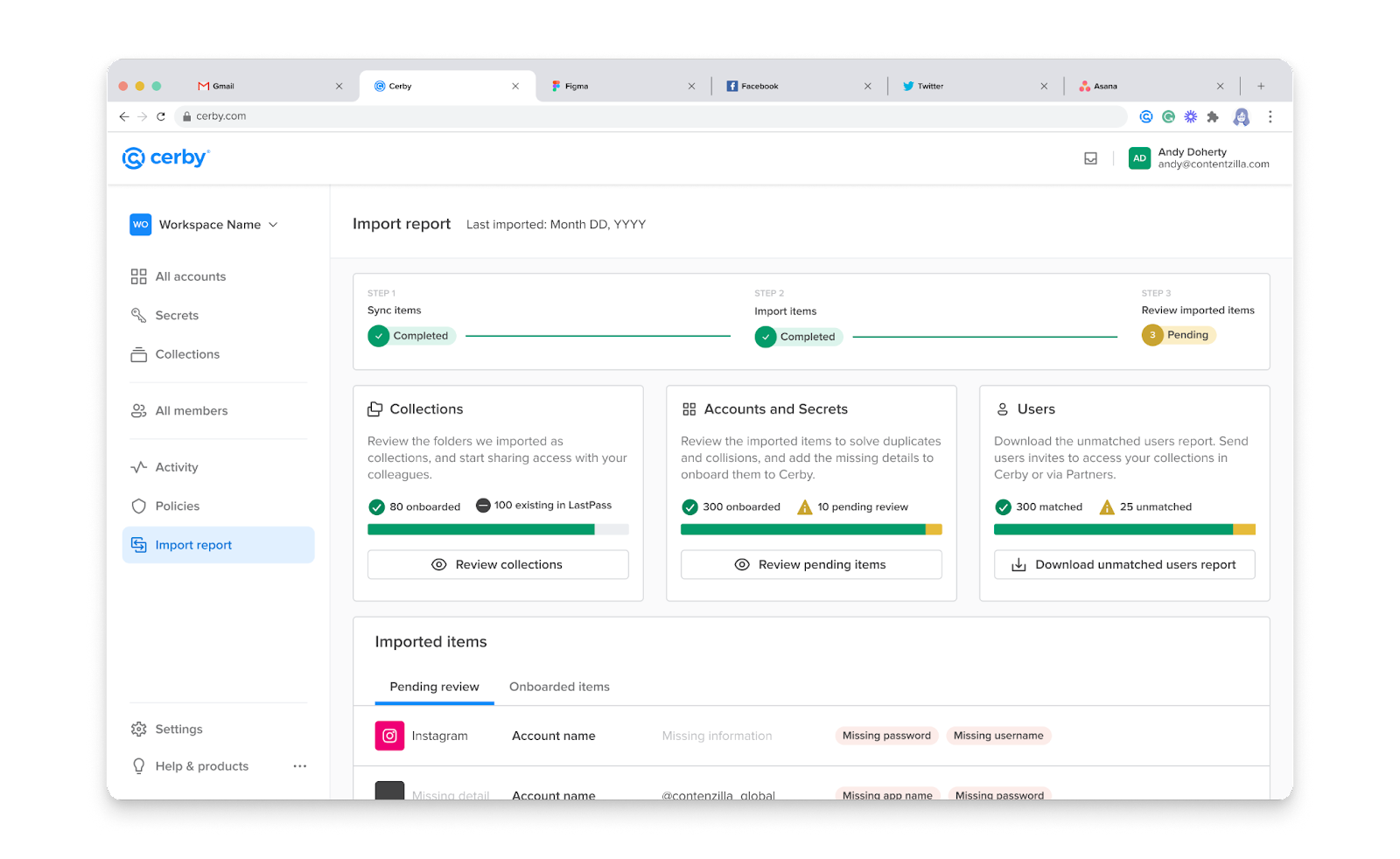 Screenshot of the Cerby dashboard with the Import report view open and displaying the report of items imported from a password manager to Cerby.