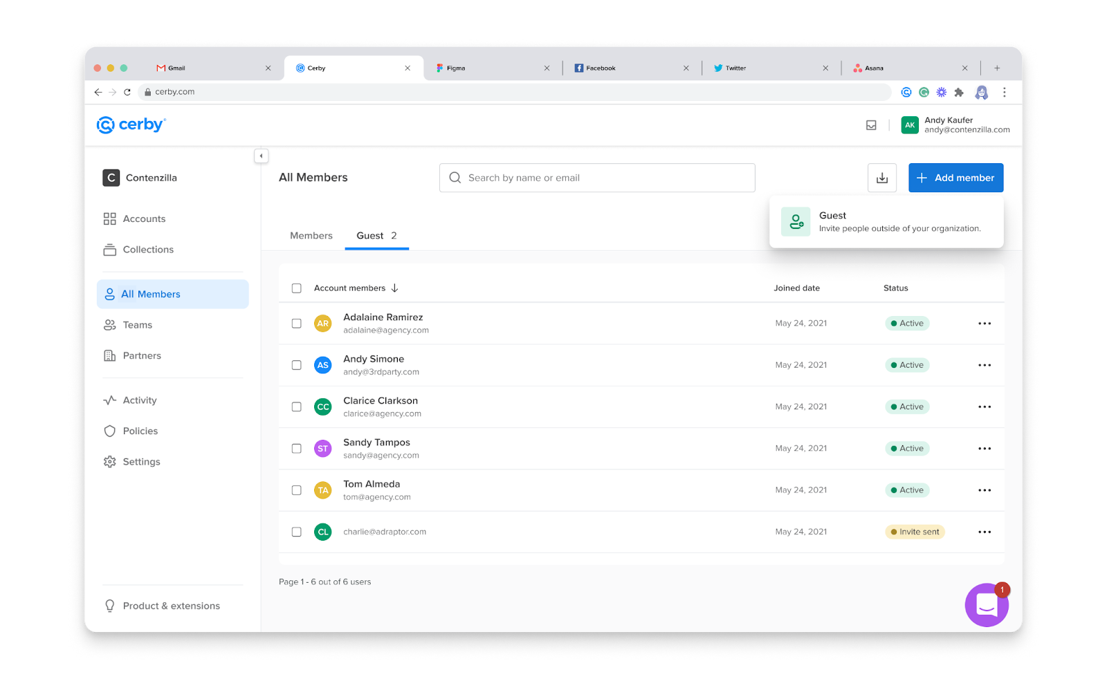 Screenshot of the Guest tab of the All Members page. The Add member drop-down list is displayed to select the Guest option and invite an external collaborator as guest user.