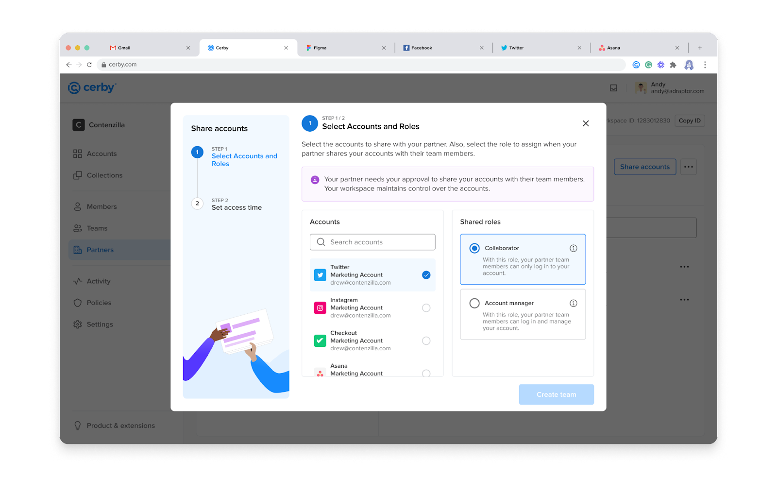 Screenshot of the Cerby web app dashboard. The Select Accounts and Roles page of the Share accounts wizard is displayed on top of the Partners page. A list of account and roles is displayed for you to select