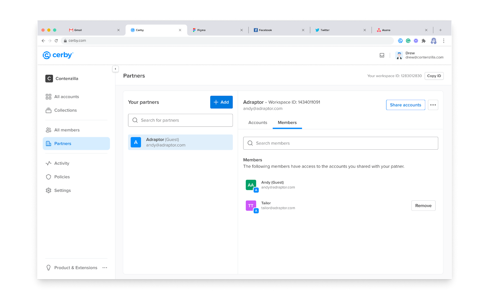 Screenshot of the Cerby web app dashboard. The Partners page is displayed with the Members tab activated and a list of guest workspace members
