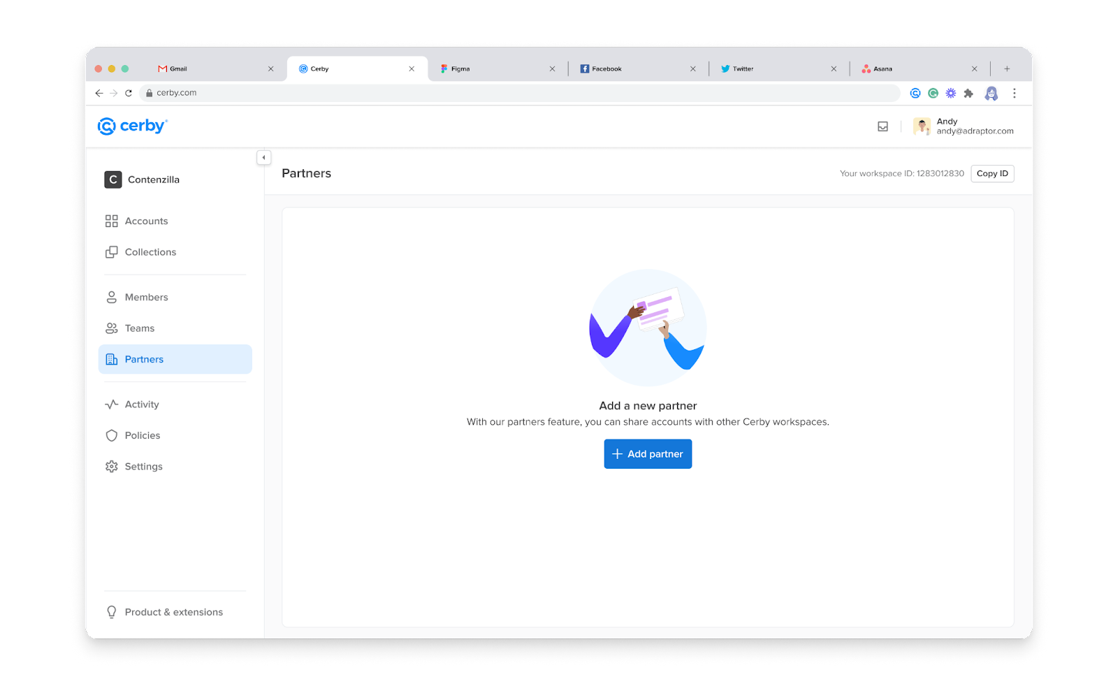 Screenshot of the Cerby web app dashboard. The Partners page is displayed with a message explaining this feature and the Add partner button