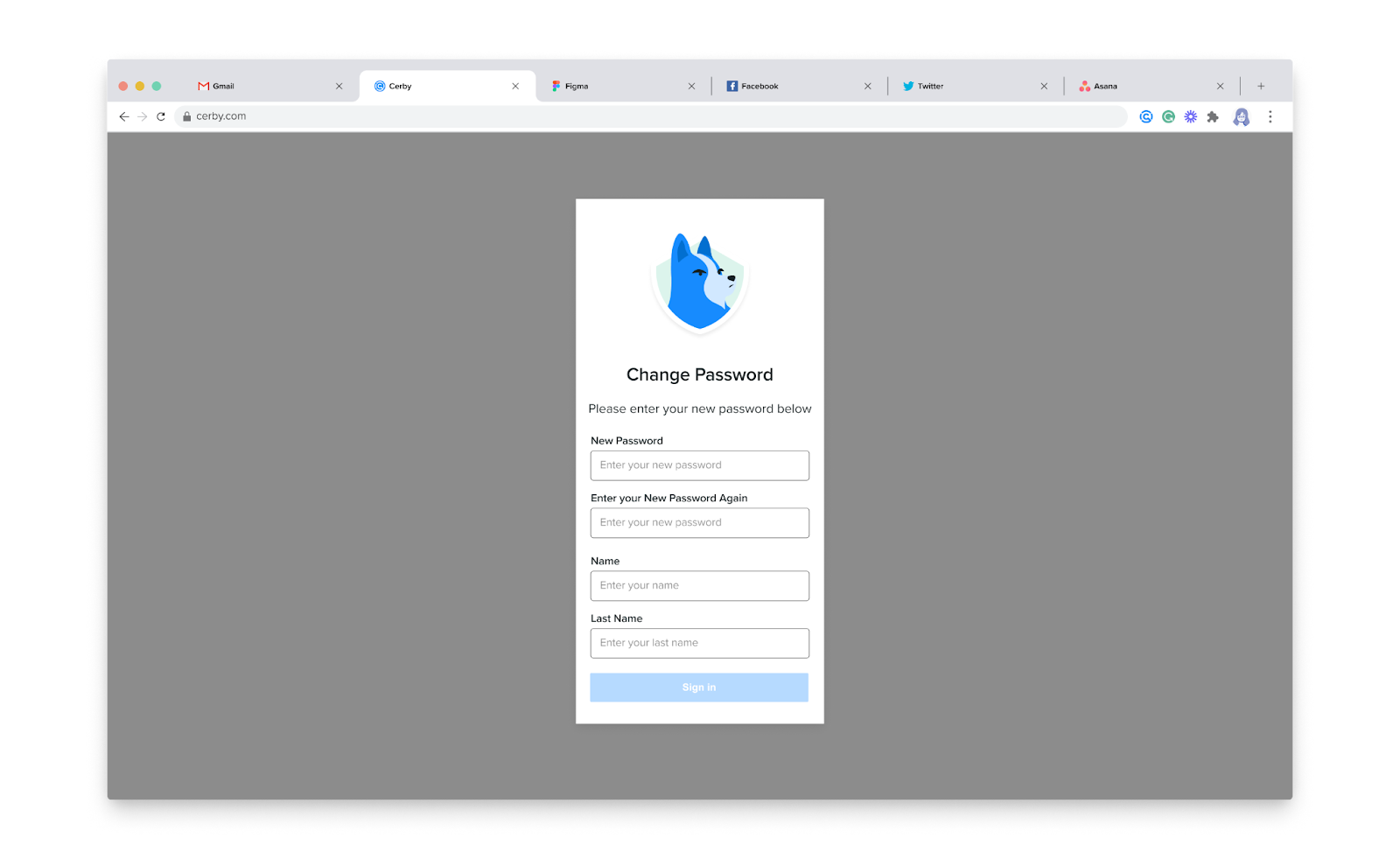 Screenshot of the Change Password page. Multiple input fields are displayed to enter a new password for your Cerby account.