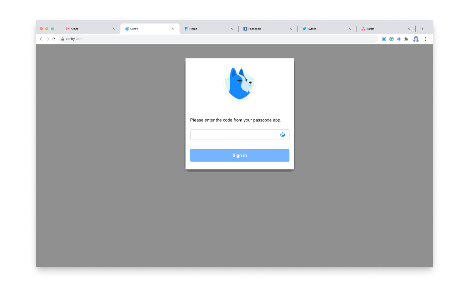 Screenshot of the Cerby verification page. An input field is displayed to enter a code from the 2FA verification method you have set up for your Cerby account.