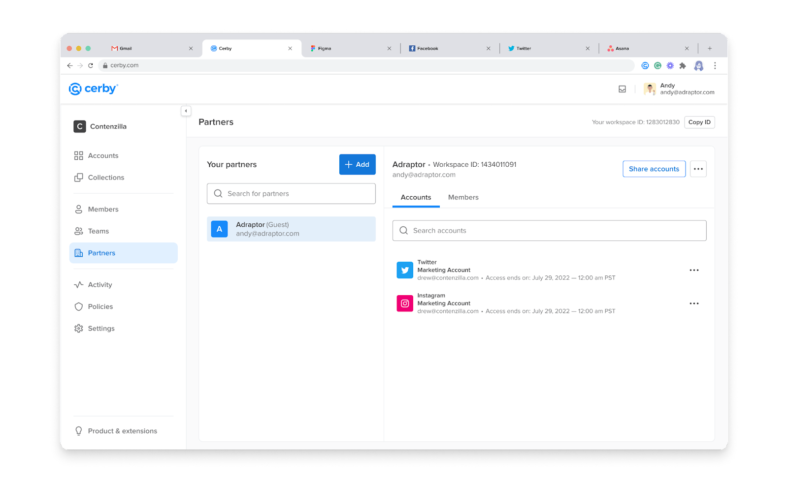 Screenshot of the Cerby web app dashboard. The Partners page is displayed with the Accounts tab activated and a list of shared accounts