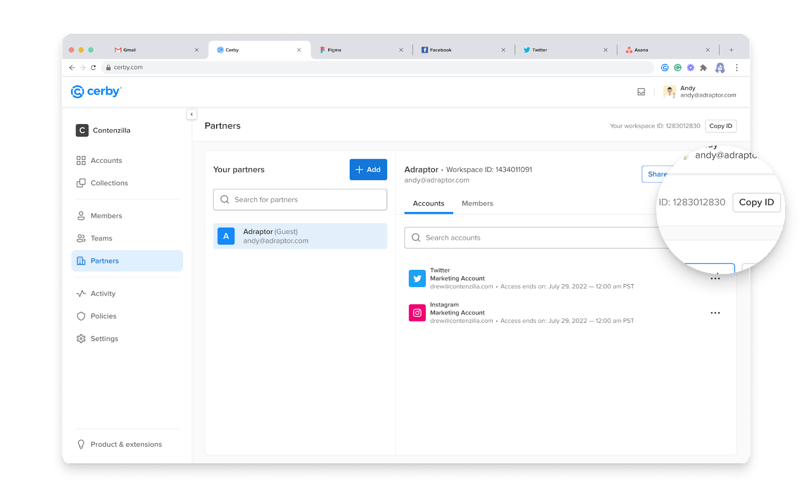 Screenshot of the Cerby web app dashboard. The Partners page is displayed with a workspace ID and the Copy ID button highlighted at the top-right corner of the page