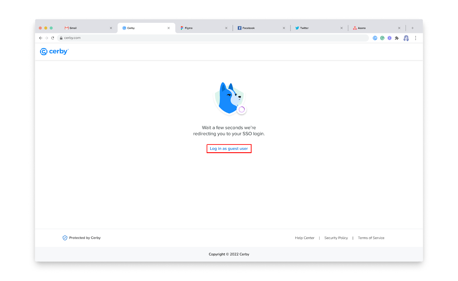 Screenshot of the authentication waiting page. The Log in as guest user button is highlighted