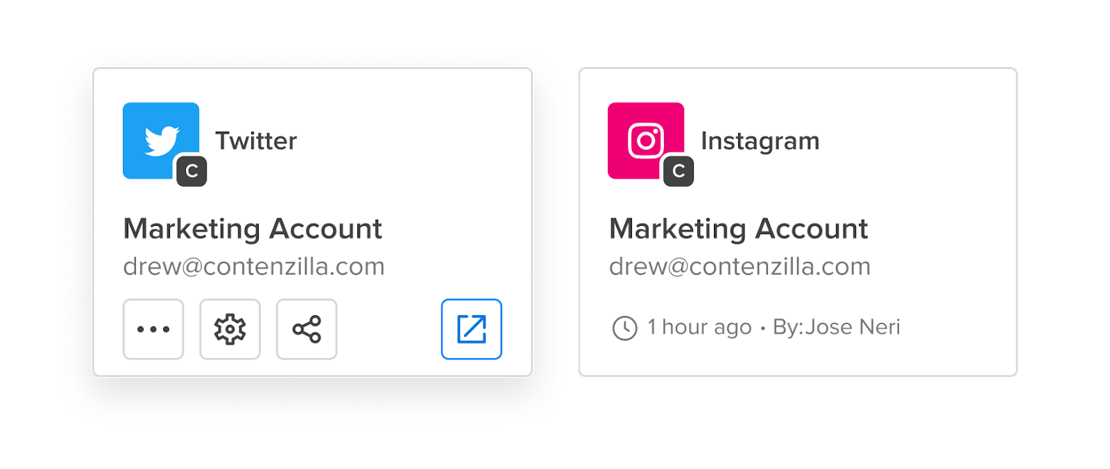 Screenshot of account cards in Cerby web app dashboard. The initial letter of the workspace name is displayed beside the app logo